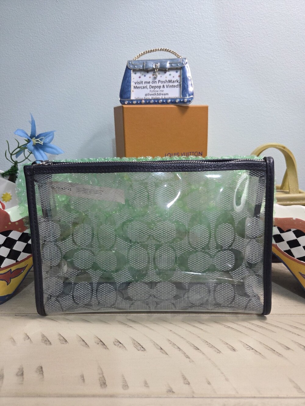 COACH SIGNATURE CLEAR TRANSPARENT CLUTCH BAG CLEAR/BLUE SIGNATURE C PVC, LN